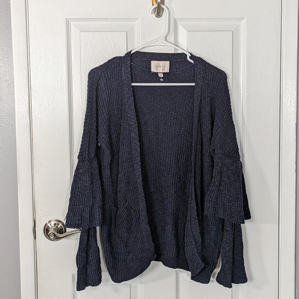 Skies Are Blue Tiered Bell Sleeve Blue Ribbed Knit Open Cardigan Sweater Size XS
